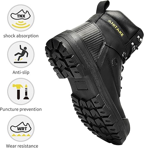 Miniatura 3 de ANITAKE Botas de trabajo con punta de acero para hombre, 6 pulgadas, cuero de grano completo, aislamiento eléctrico, antideslizantes, resistentes a