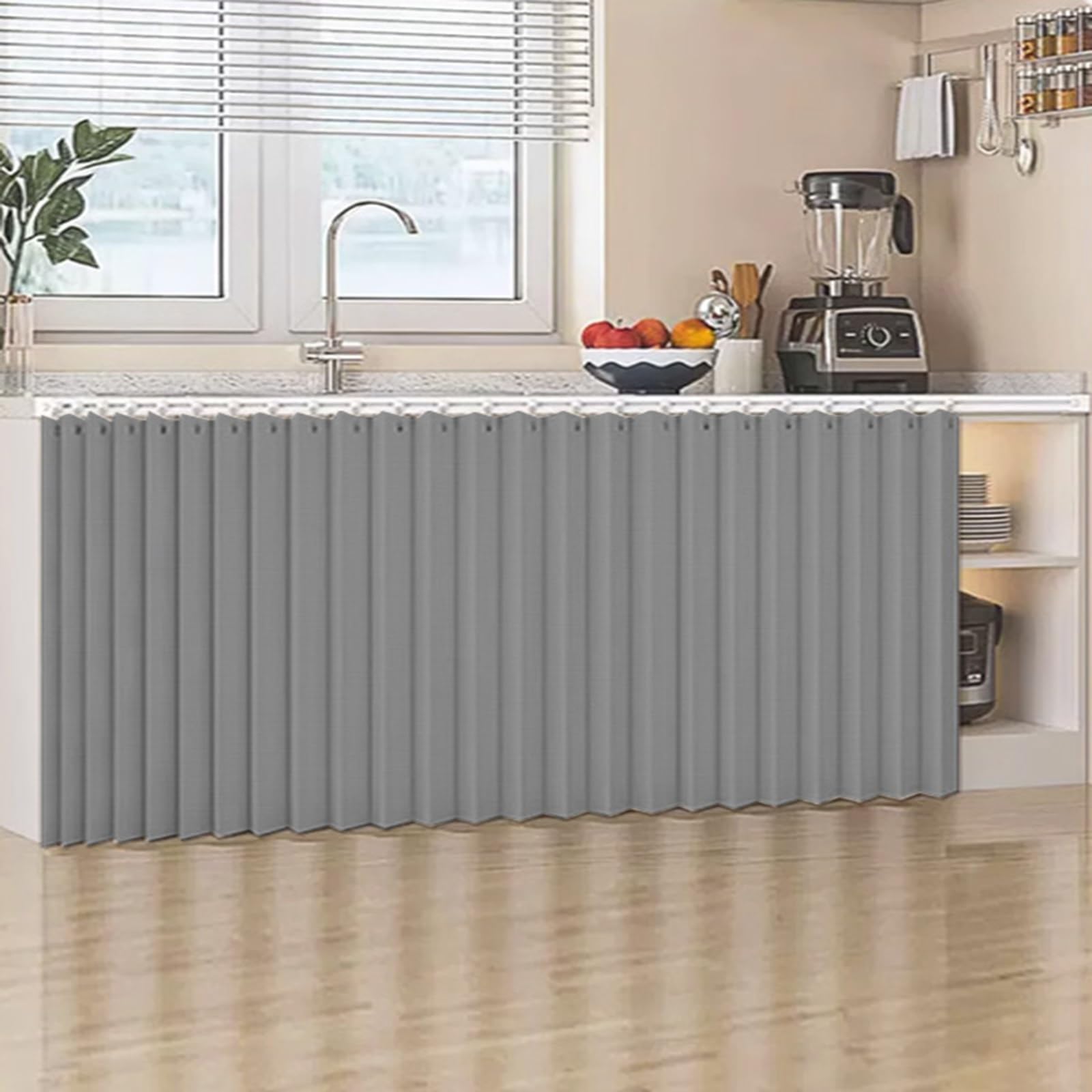 Rideau coulissant antibruit et anti-poussière gris pour meuble de cuisine
