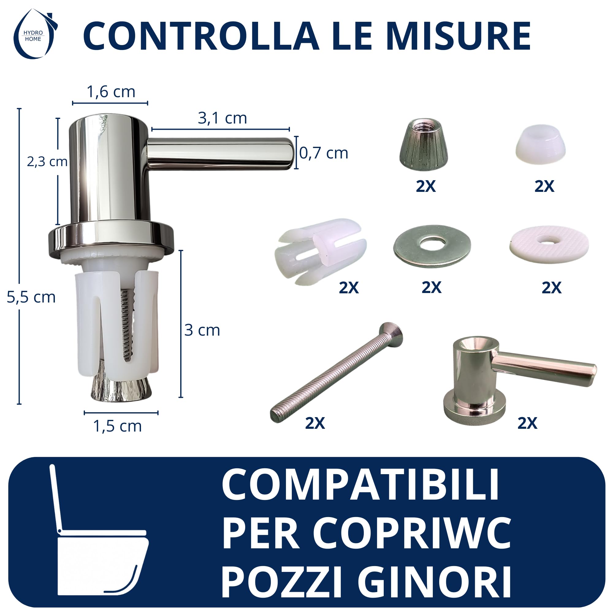 HYDRO HOME Cerniere tavoletta WC Pozzi Ginori, fisse con fissaggio dall'alto, kit 2 cerniere con brugola inclusa, compatibili con molti modelli, ricambi tavoletta WC