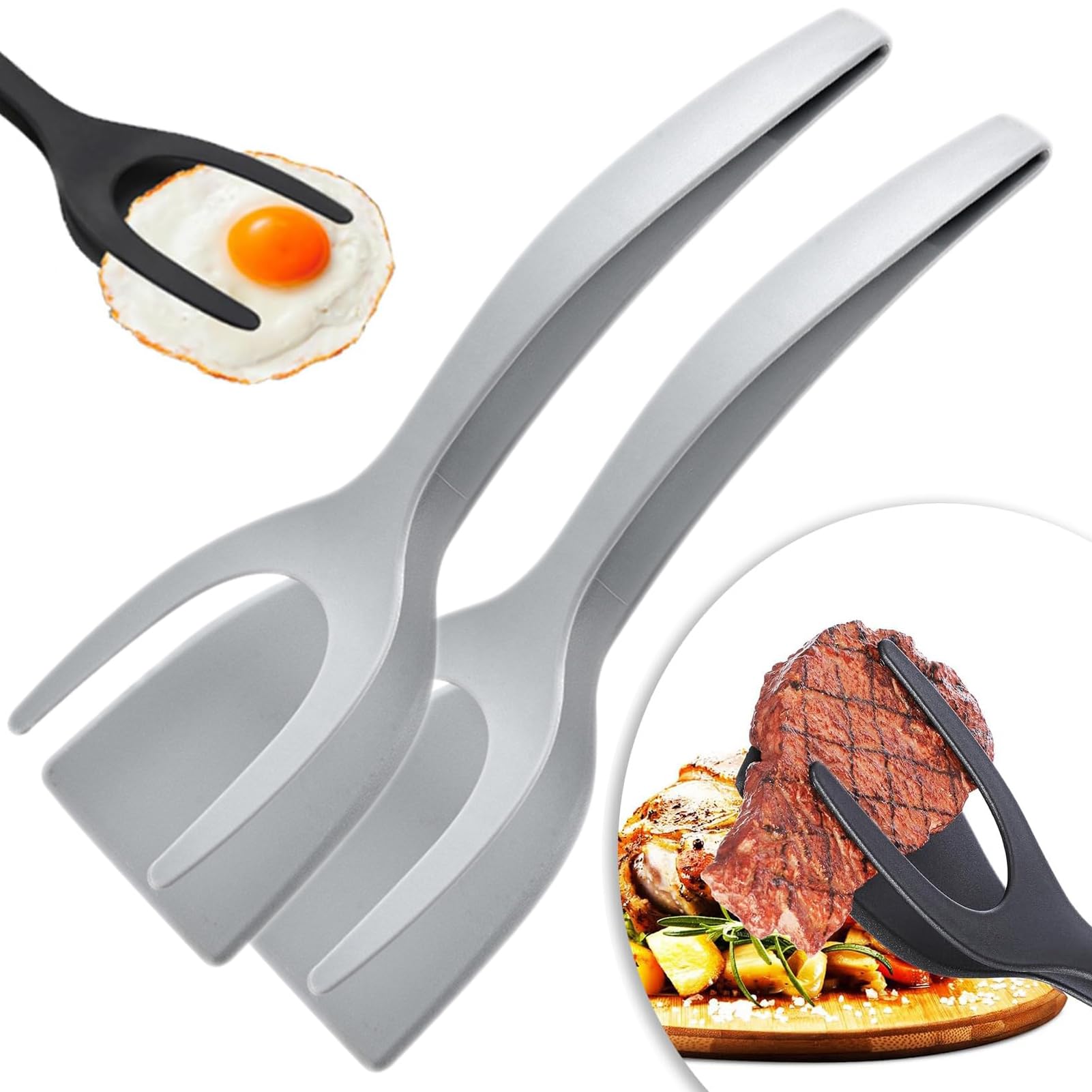 2 in 1 Grip and Flip Spatula Tongs, Fried Egg Turner Spatula, Fried Egg Flipper, Pancake Fish French Toast Omelet Cooking Tools, Frying Tongs Flip Tongs for Egg Steak Frying Turn Grill (2Pcs Gray)
