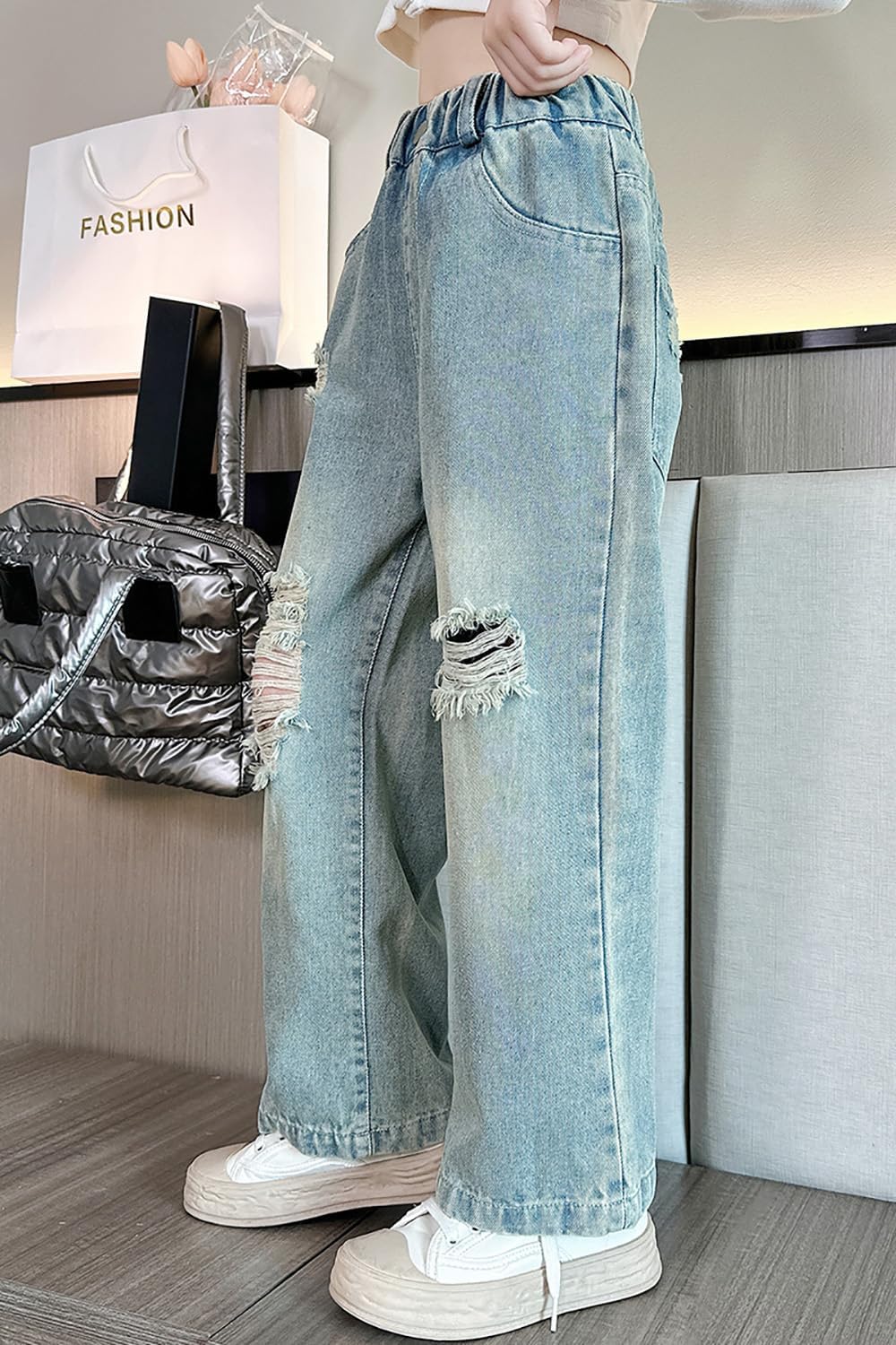 AOWKULAE Girls Jeans Elastic Waist Wide Leg Pants Kids Jeans 4-14 Years - Image 3