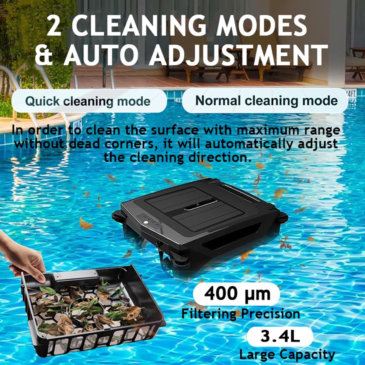 Limpiador robótico inalámbrico para piscinas: Skimmer alimentado por energía solar con doble velocidad, limpieza diurna y nocturna, evita obstáculos inteligente para limpieza automática