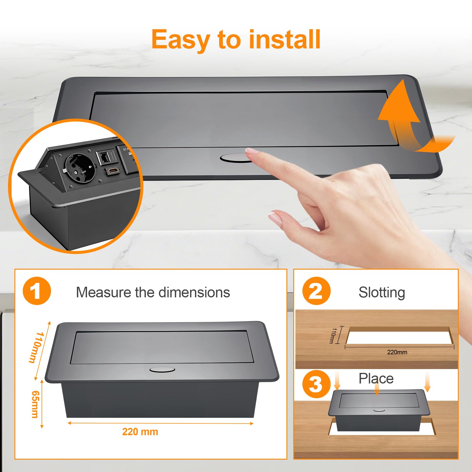 Prise escamotable avec couvercle, 2 prises Schuko, USB-A & USB-C, connecteur RJ45 et HDMI 2.0, câble de 1,5 m, idéal pour bureau, table de conférence, cuisine et bureau à domicile