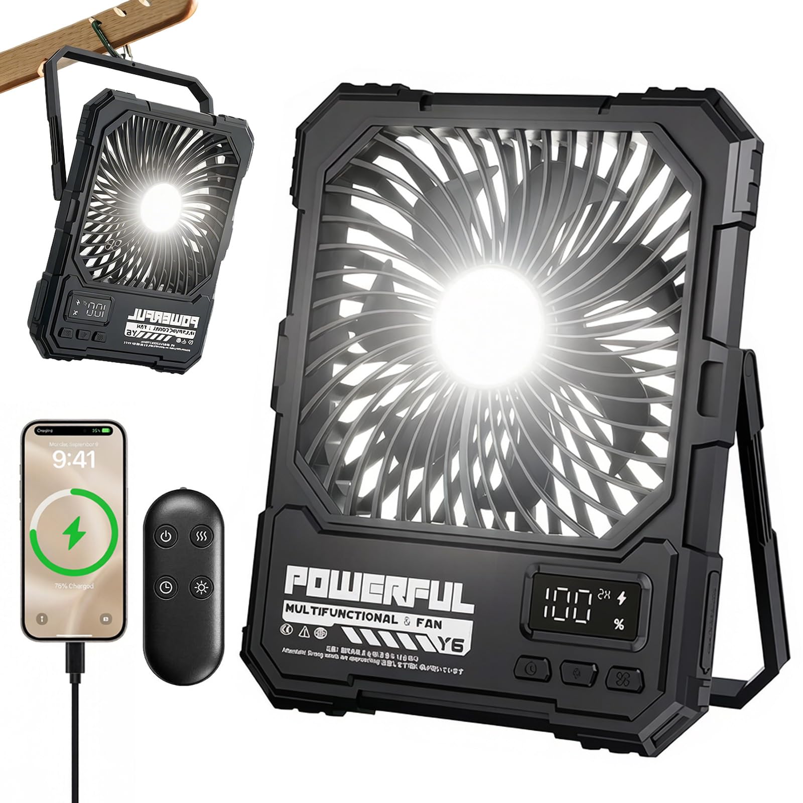 Campeggio Ventilatore Portatile 20000 mAh,Ventilatore Ricaricabile con Luce LED,18-82 ore di Funzionamento,USB Ventilatore da Tavolo con Smart Display, Picnic, Pesca, Escursioni,Nero