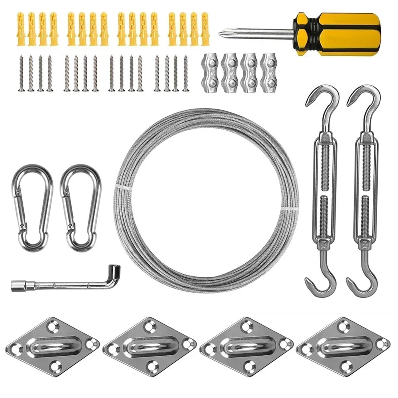 Wire Rope Kit 4/24/47Pc Steel Flexible Wire Stainless Steel Clothesline Diameter Lifting Chain Ajustable Locking Cable Shade Sail Rope Fitting(47Pcs)