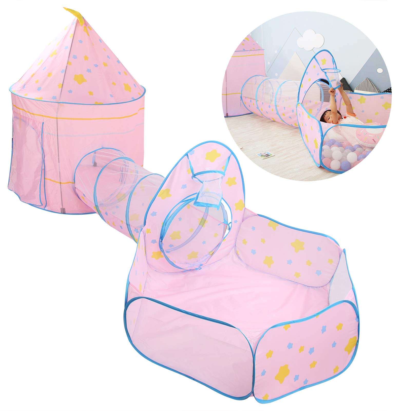 Tienda de Campaña para Bebés de 3 Uds, Tienda de Juegos para Niños, Túnel Interior Seguro para Gatear y Piscina de Bolas para Niños de Más de 3 Años, Diseño de Tela Fácil de Almacenar (Rosa