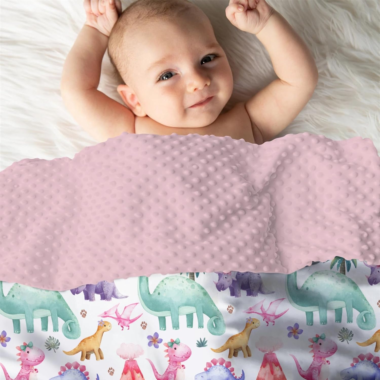 Mink Baby Girls Blankets Pink Dinosaurs, Cute Dino Lover Tropical Soft Double Layer Dotted Backing Receiving Swaddle, Newborn Infant Toddler Nursery Crib Bedding Shower Gift 30" x 40"
