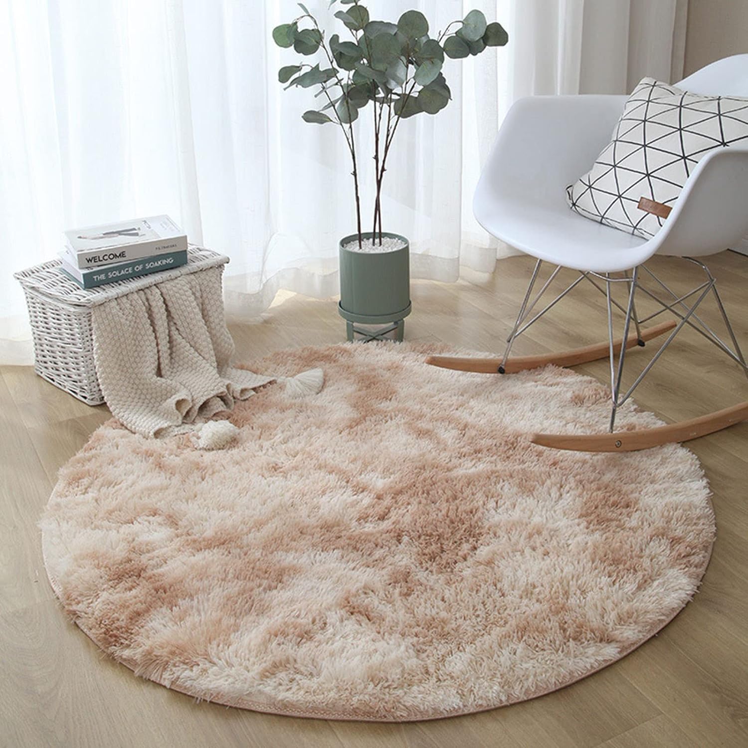 Skade Round Area Rug, Fluffy Rugs for Bedroom, Cute Rugs for Room, Fuzzy Rugs for Nursery Playroom, Circle Rugs for Kids Room, Shag Carpet Rugs for Reading Nook (60 * 60 CM, Light Tan)