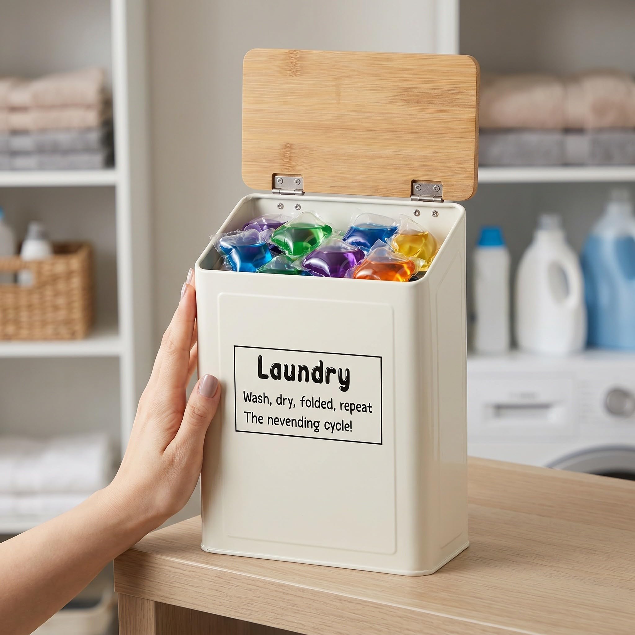 Caja Organizadora de Bambú Blanco para Detergente de Lavandería con Tapa Magnética y Protección Polvo para Espacio de Lavado