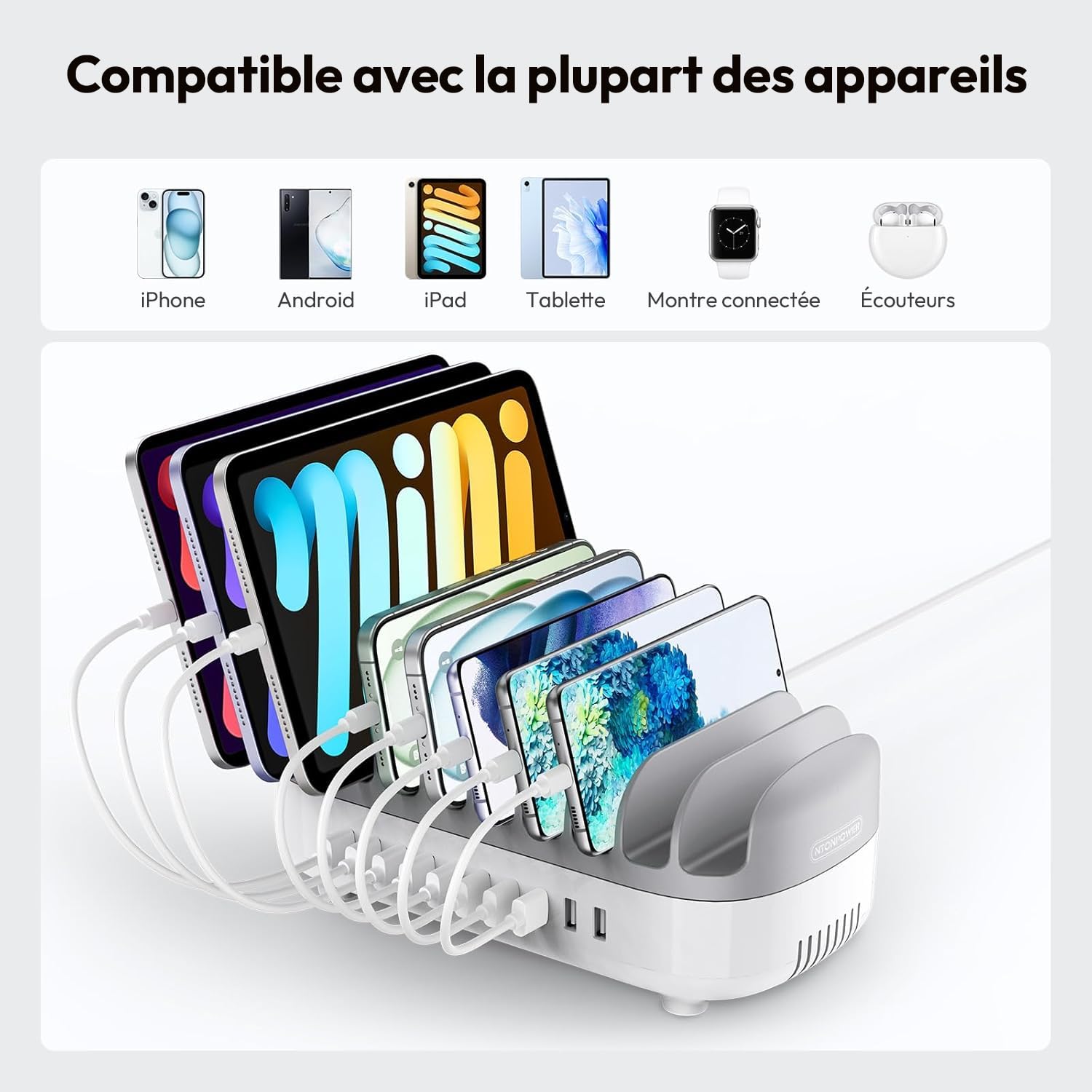NTONPOWER Station de Charge avec commutateur, Chargeur Intelligent USB avec 10 connexions 120W, Support de Charge pour Smartphones Tablettes, Fil Chargeurs de Bureau, Gris
