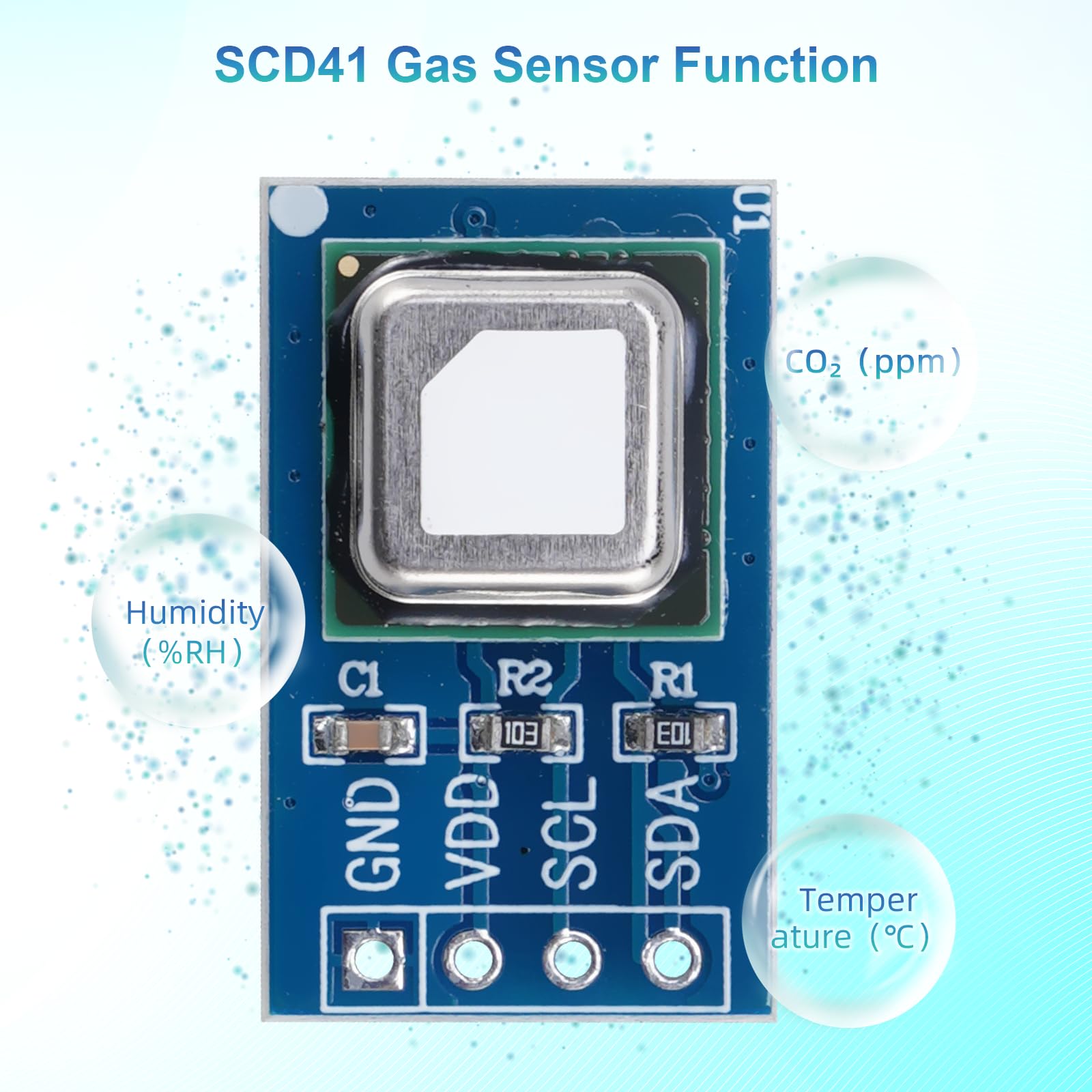 SCD41 Módulo Sensor de Gas Binghe SCD41 CO₂ Sensor Módulo Detección de CO₂ Dióxido de Carbono 2-in-1 Temperatura y Humedad 2.4-5.5V 400-5000PPM con Comunicación I²C