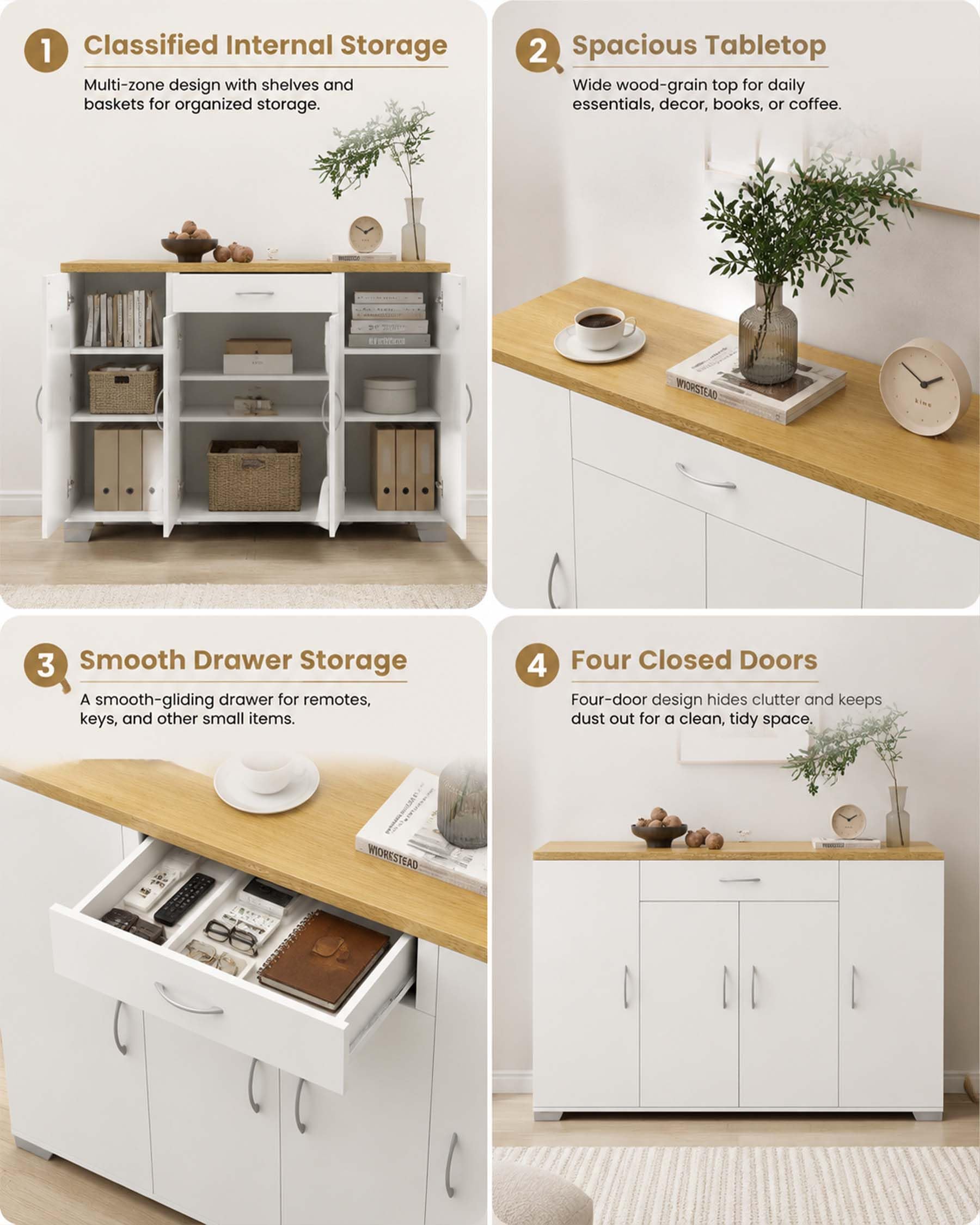 Comò Soggiorno Bianco 110 x 30 x 70 cm Comò Camera da Letto Mobile Soggiorno con 4 Ante e 1 Cassetto Credenza Bassa Mobile Contenitore per Ingresso Cucina