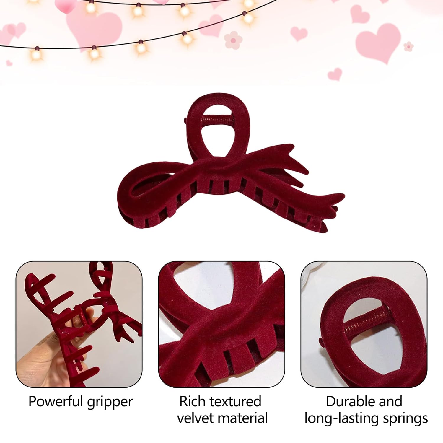 Red Hair Claw Clips for Women Valentine Velvet Bow Hair Clips for Thick Hair French Flocking Ribbon Shaped Hair Barrettes for Hair Styling Large Retro Hair Claw Non-slip Elegant Hair Accessories 1Pcs - Image 3