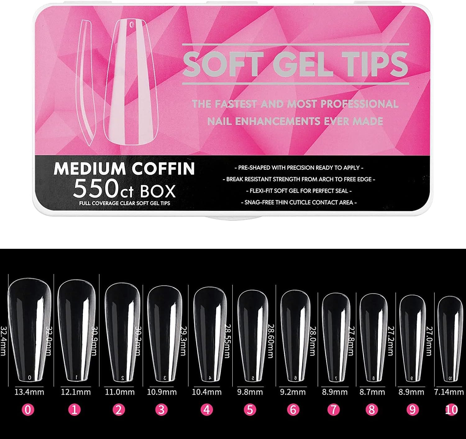 Nail Tips, Coffin Soft Gel Nail Tips, 550 pcs Medium Coffin Press On Nails, 11 Sizes Full Cover Acrylic False Nail Tips, for Beginner and Professional Home Salon Diy 01 - MEDIUM COFFIN - PINK BOX,