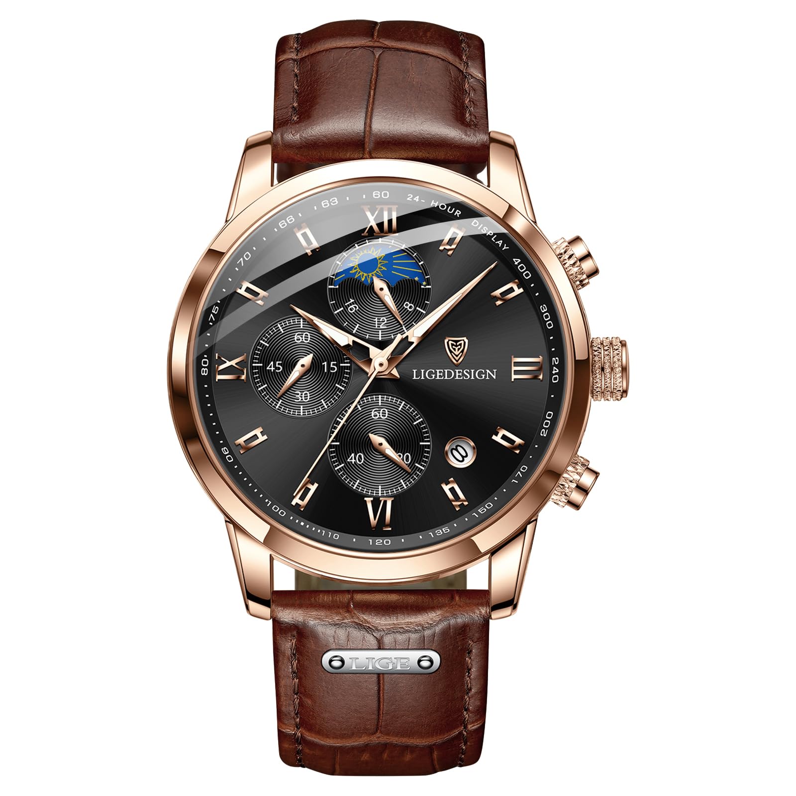 LIGE Herrenuhr Retro Lederarmband Uhr Herren 3ATM wasserdichte Men Watch Vintage Armbanduhr Analog Leuchtend Mondphasen Design Armbanduhren Chronograph Herrenuhren mit Datum