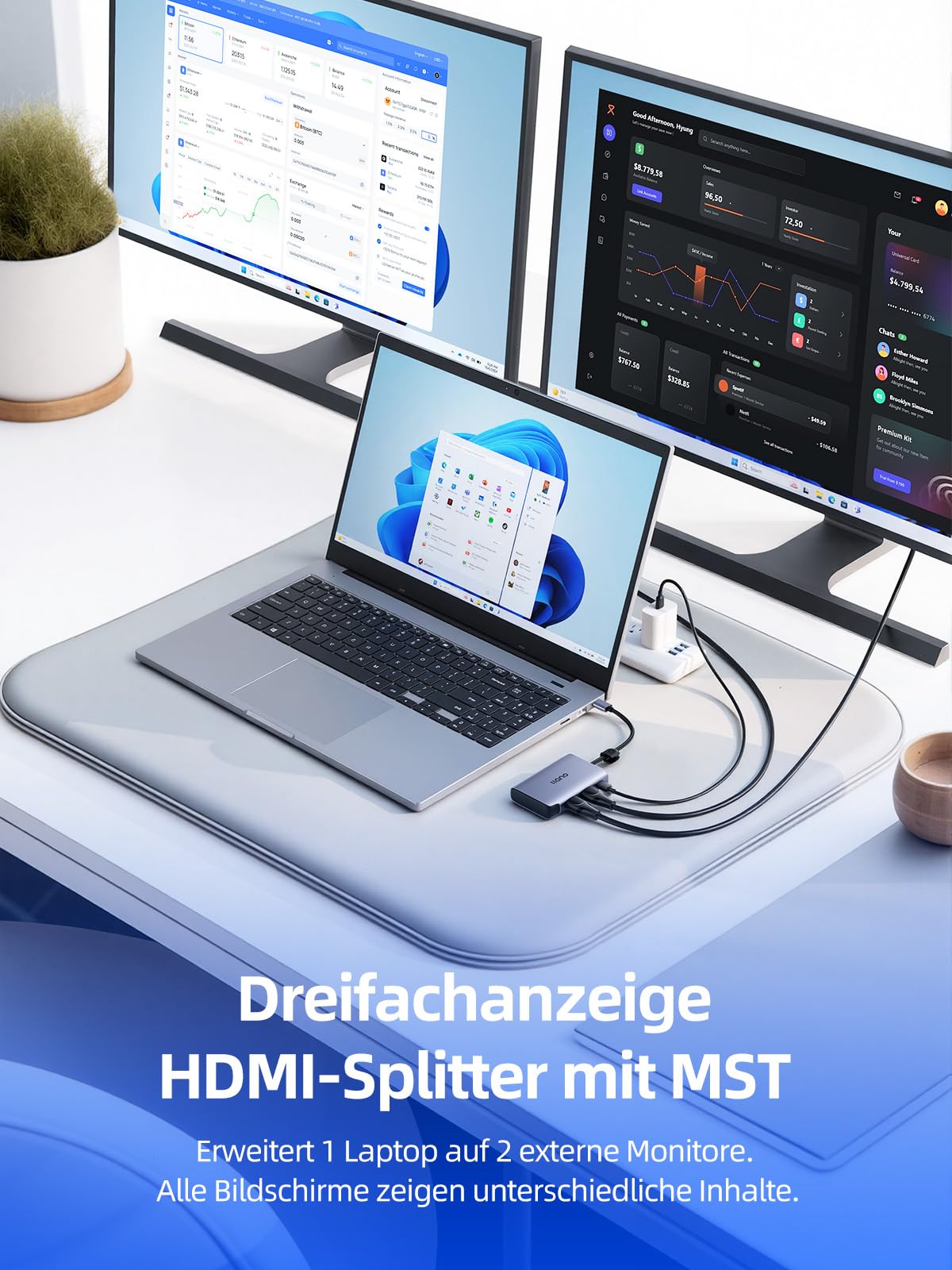 llano USB-C auf Dual HDMI Splitter 4K@60Hz for Dual Monitors MST PD 100W