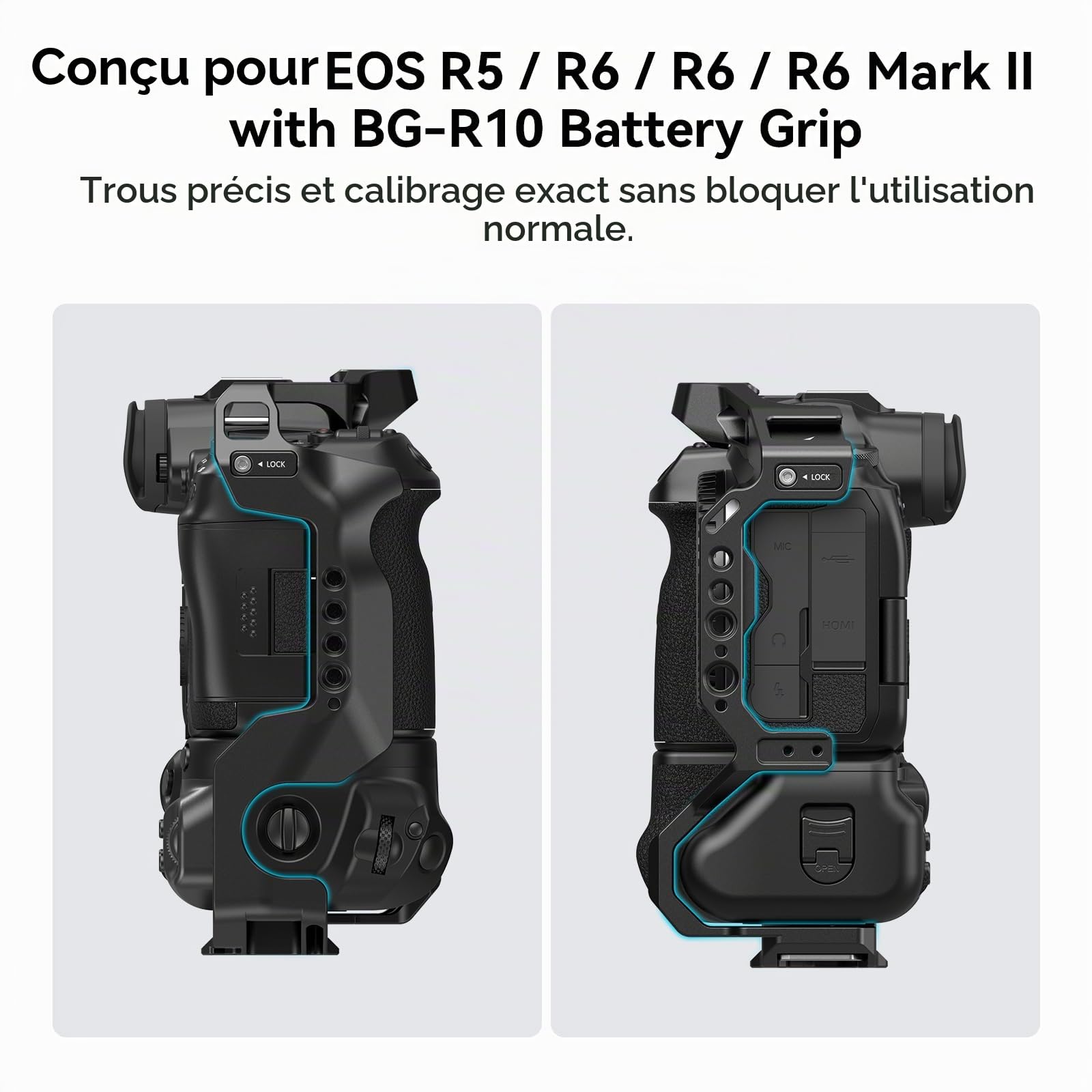 (Mise à Niveau) SMALLRIG Cage pour Canon R5/R6/R5 C/R6 Mark II avec Poignée de Batterie BG-R10, Cage Vidéo pour Appareil Photo avec Support de Cold Shoe, Trous Filetés 1/4"-20 et 3/8"-16-3464B