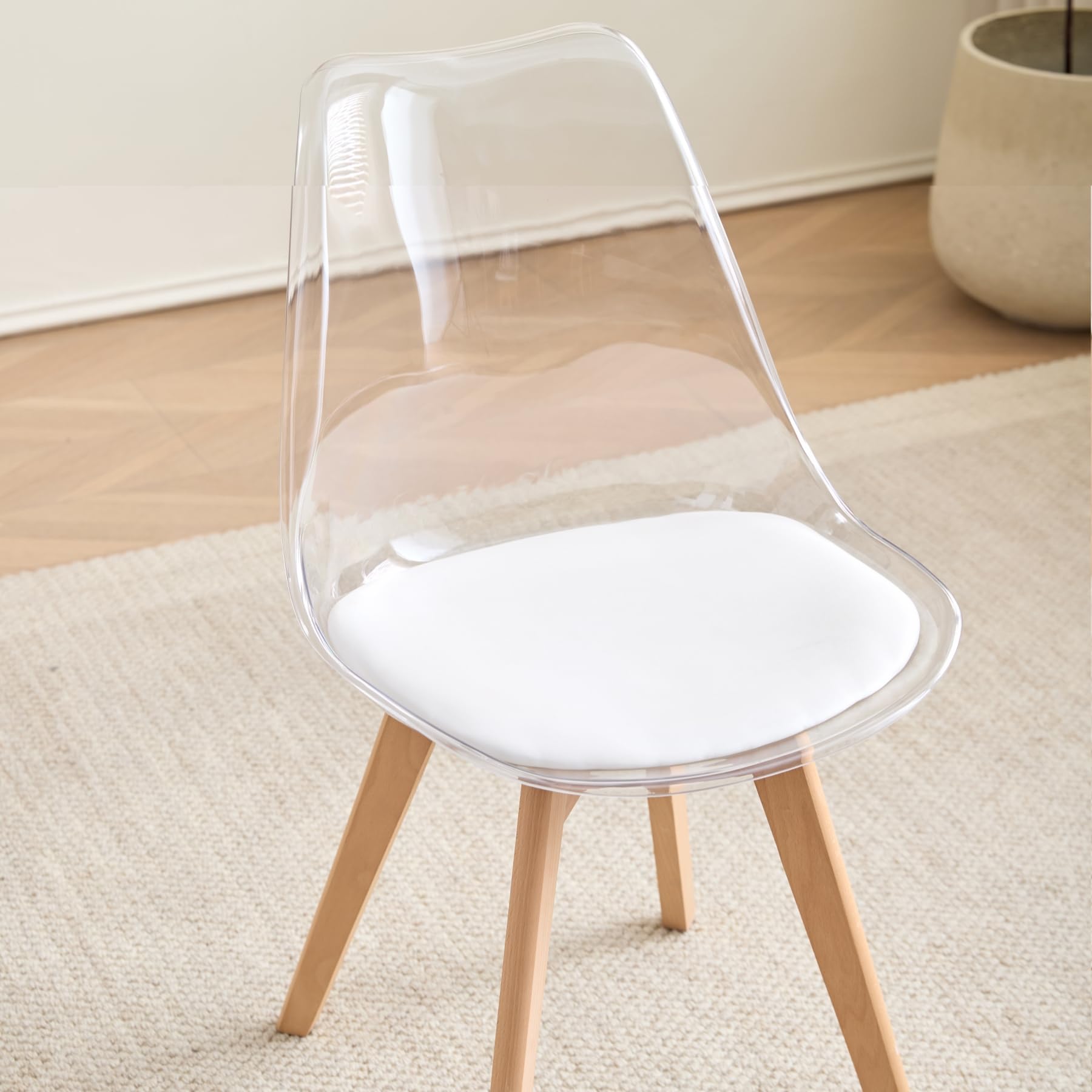 GrandCA HOME Transparente Sillas de Comedor Tapizadas en Tela,Nordicas Sillas Pack 4 para Cocina Comedor Dormitorio (Pack 4, Blanco/Cuero)