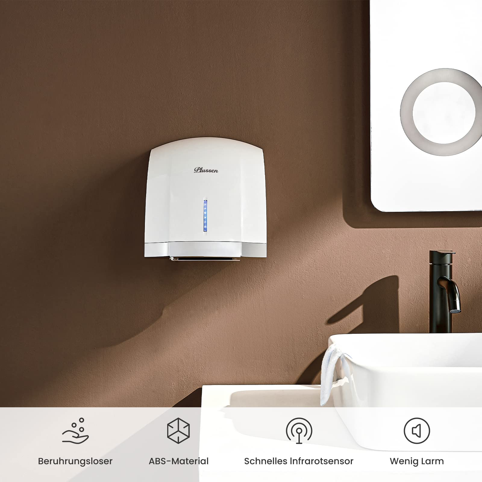 Kompakter Händetrockner Automatischer Elektrischer Händetrockner für Wandmontage,Für Gewerbliche oder Private Zwecke,Händetrockner für Toiletten 1800W (1003-weiß)