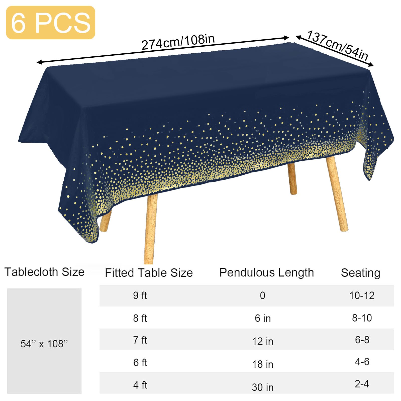 Tovaglia rettangolare a pois 137 x 274 cm blu navy e argento per esterni 6 pezzi