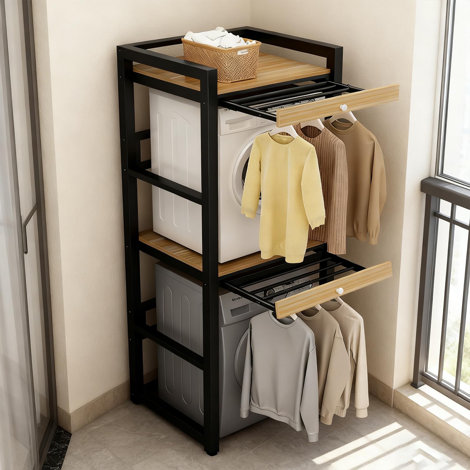Mueble Lavadora Secadora Mueble para Lavadora Altura Con tendedero oculto Altura ajustable Mueble Lavadora Secadora Vertical Capacidad de 200kg Estantería Lavadora sin Montaje en Pared white 1-Tiers