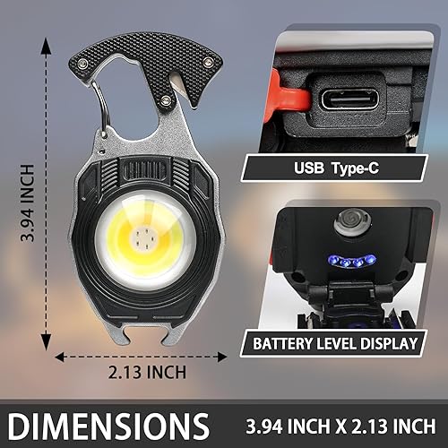 Miniatura 9 de COB - Llavero de luz de trabajo  Multiherramienta recargable para campamento, iniciador de fuego, 7 modos, 1600 lúmenes, para supervivencia de