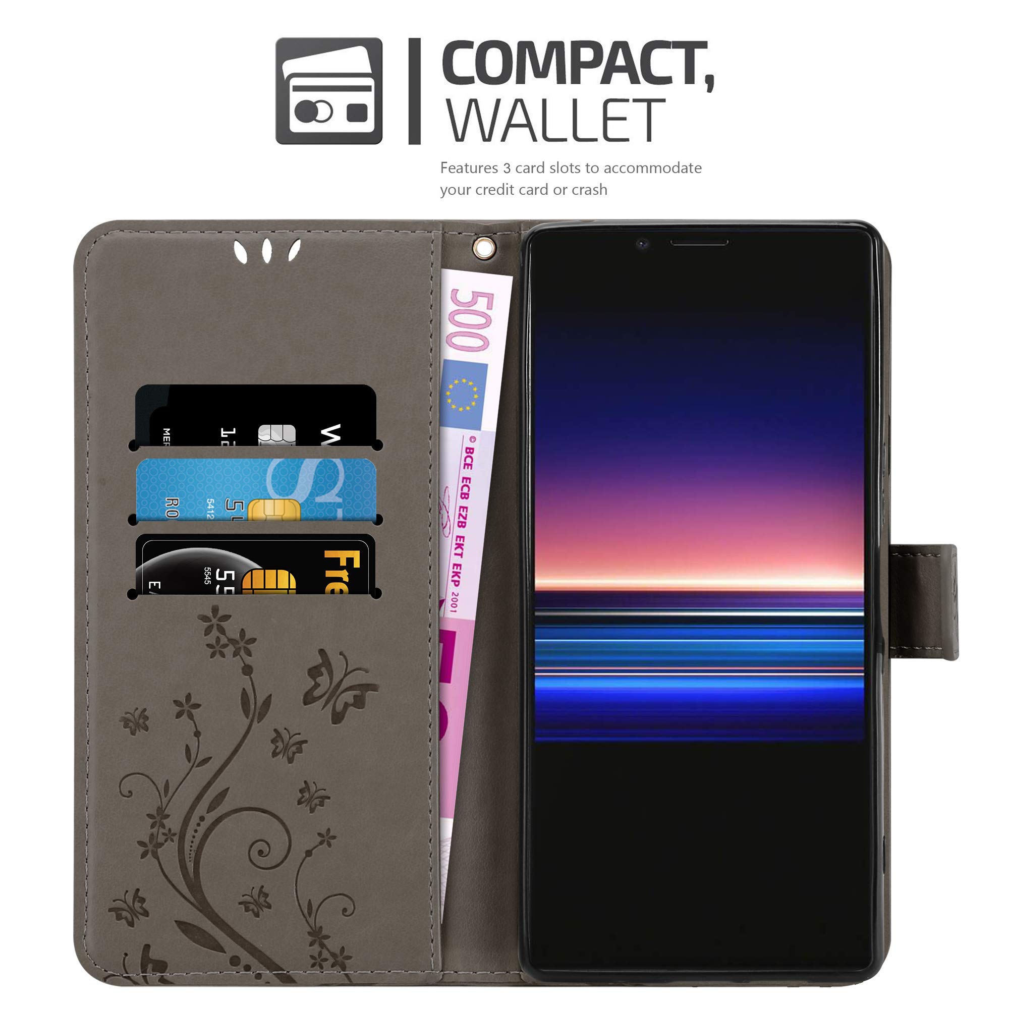 Cadorabo Custodia A Libro Per Sony Xperia 1 / XZ4 – Motivo Fiori Grigio, Chiusura Magnetica, 3 Slot Per Carte E Funzione Stand