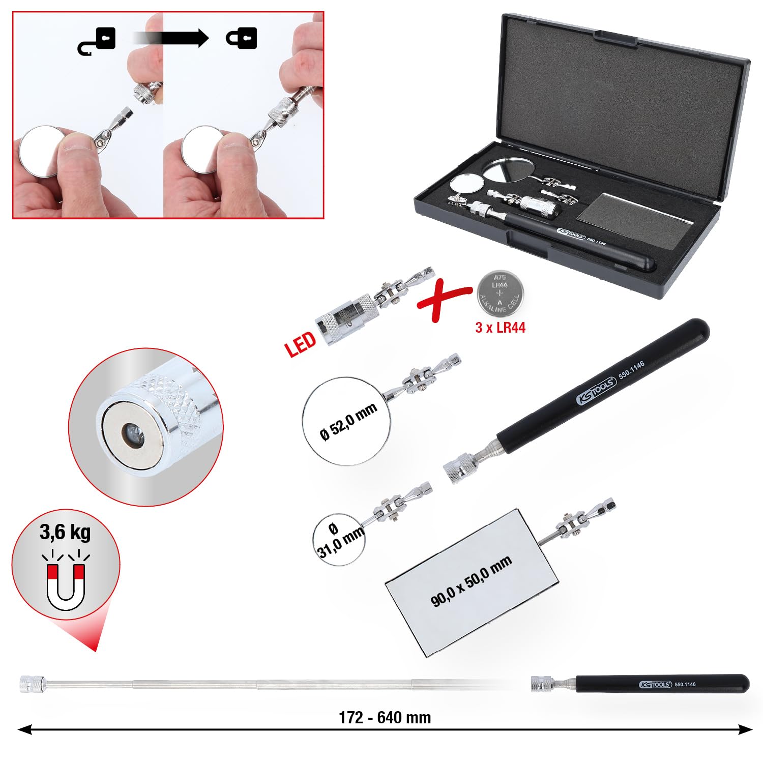 KS Tools 550.1145 zestaw elastycznych lusterek inspekcyjnych, 5-częściowy