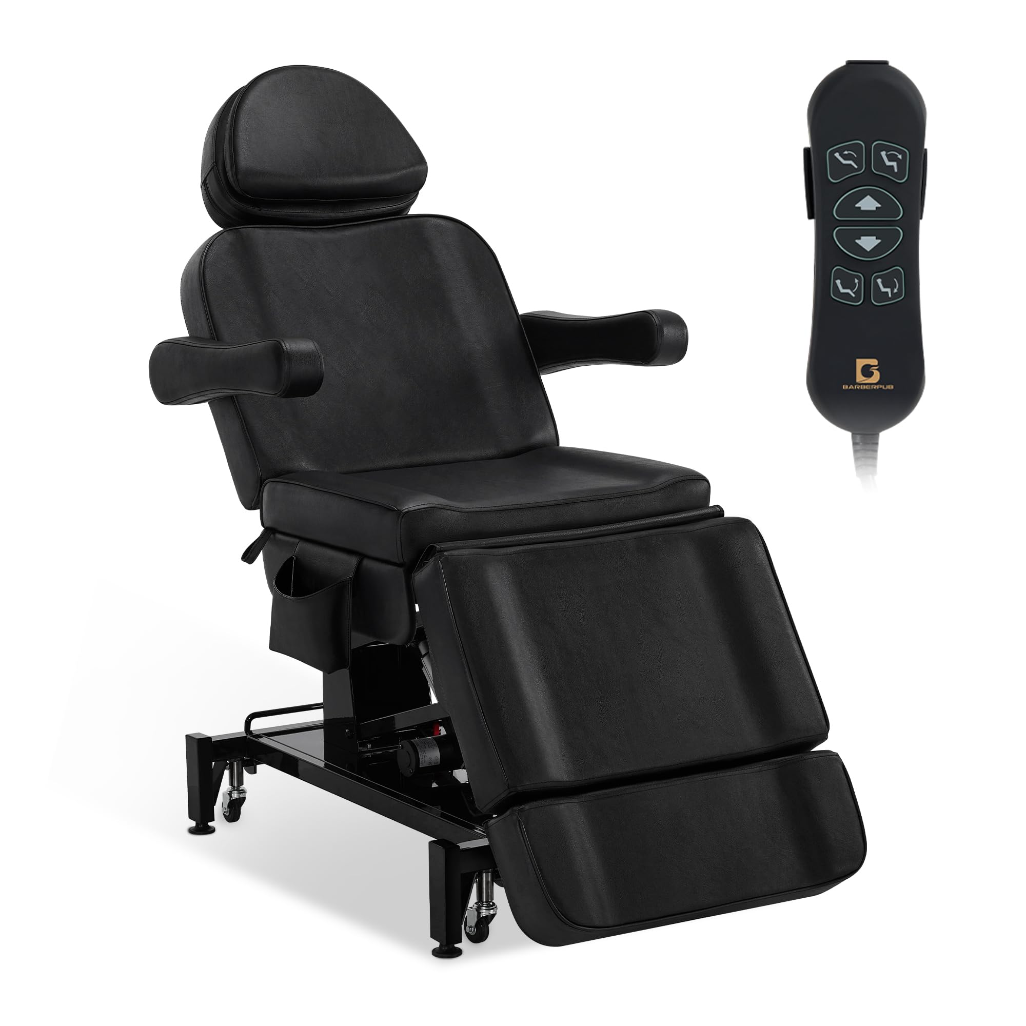 BarberPub Camilla de estética eléctrica con 3 Motores, Plegable y Ajustable 18 cm, reposabrazos giratorios 180°, para SPA (Negro/Cuero sintético)