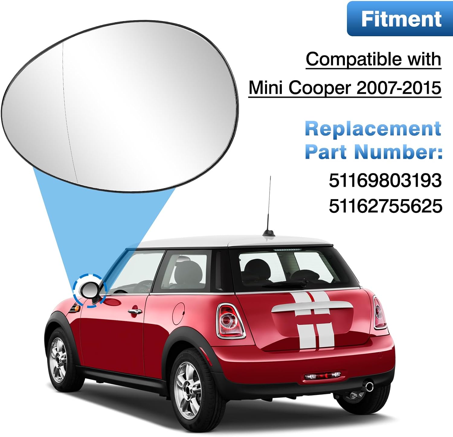 TOP-MAX Driver Side Mirror Glass Replacement for Mini Cooper 2007 2008 2009 2010 2011 2012 2013 2014 2015, Left Heated Rearview Mirror Glass Replaces 51169803193 51162755625