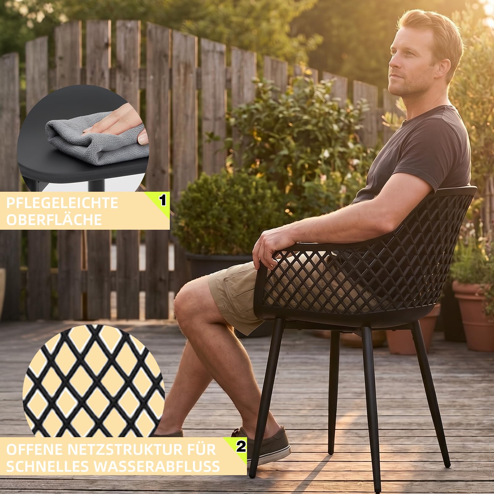 Set 6 Sedia Giardino Esterno PP Metallo Braccioli 120 kg Nero