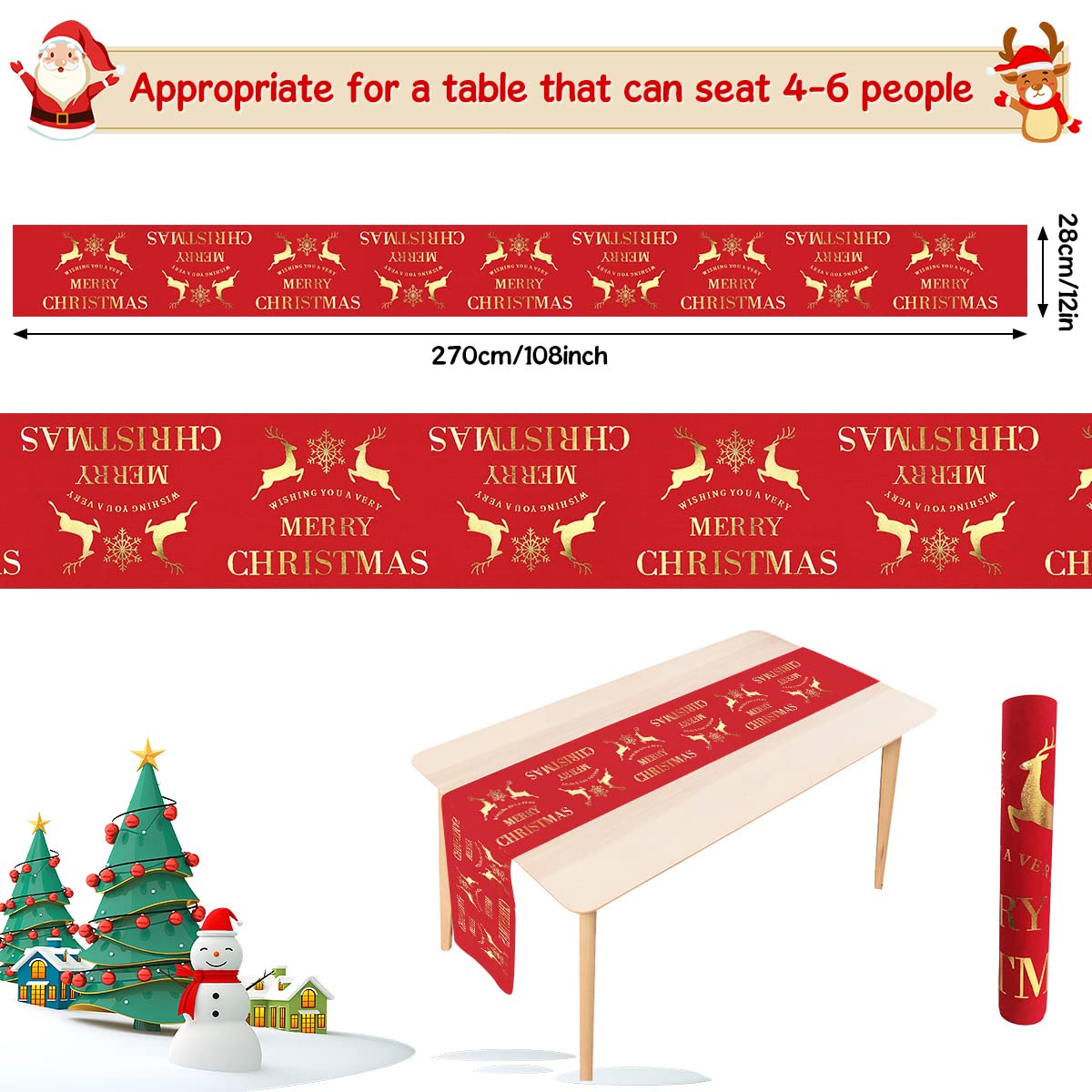 Weihnachtstischläufer Aus Leinen – Rot, 30x270 Cm, Mit Goldenem Rentier- & Schneeflocken-Muster