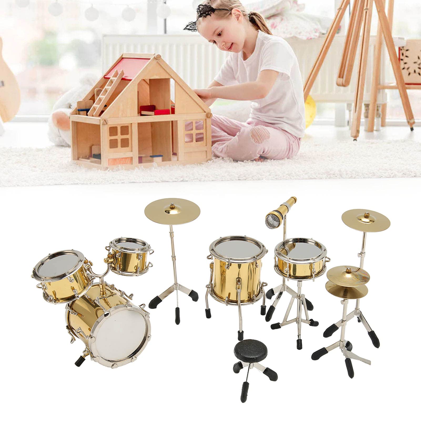 HERCHR Mini Kit De Batería De 8 Uds., Instrumento Musical En Miniatura, Juego De Batería, Decoración De Instrumentos Pequeños De Metal De Escritorio para Decoración del Hogar