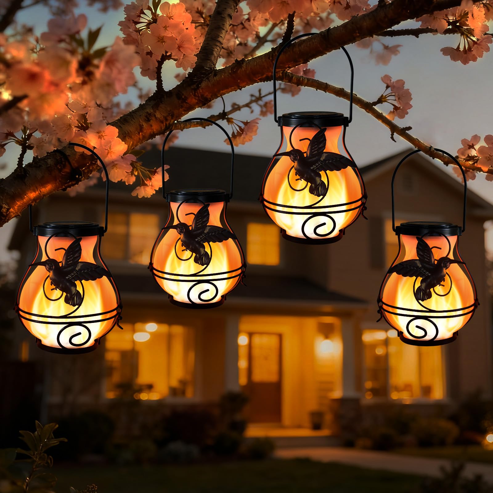 Photo 1 of 4 Pack Solar Lanterns Outdoor Waterproof Flickering Flame Lights Hummingbird Metal Hanging Solar Lantern Patio Porch Garden Decoration