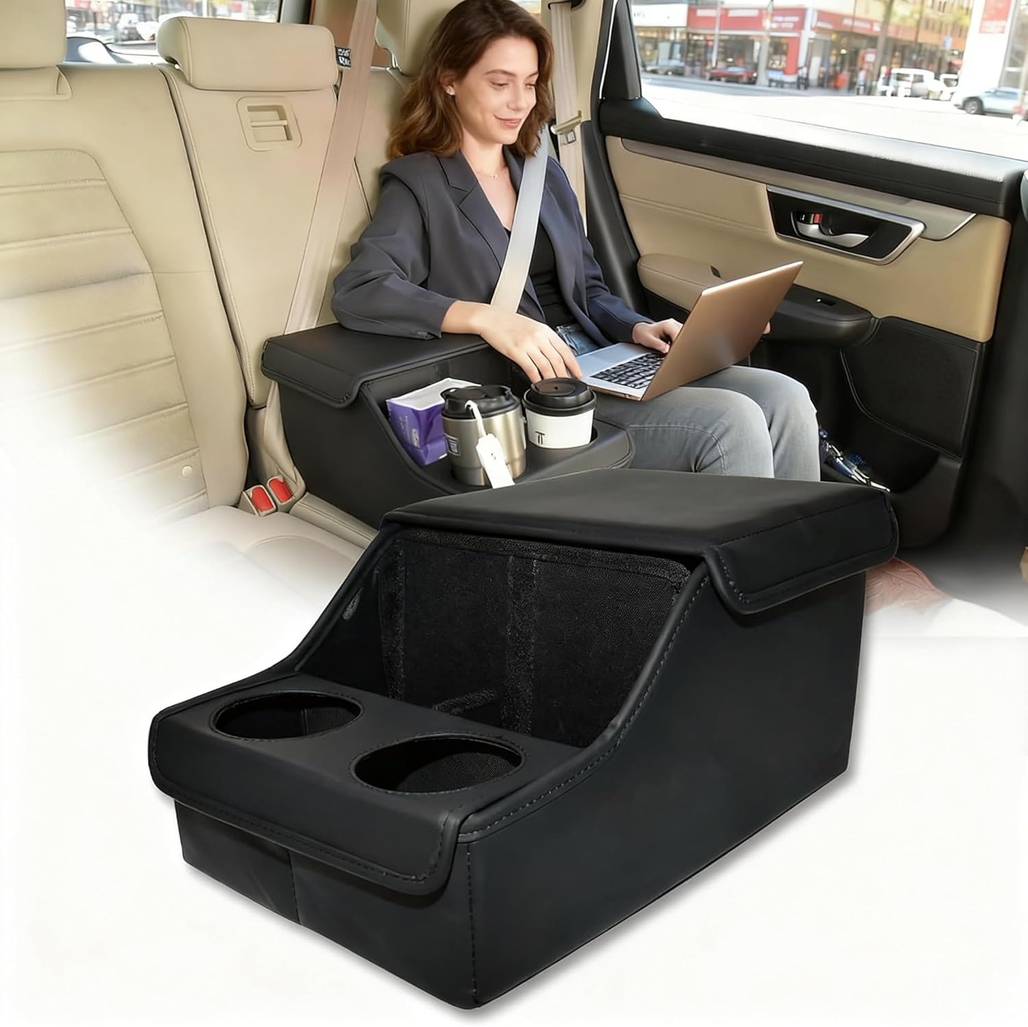 Backseat Car Organizer, Middle Seat Organizer With 4 Storage Compartments 2 Cup