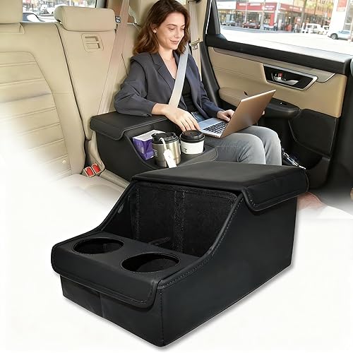 Organizador de asiento trasero para automóvil, organizador de asiento medio con 4 compartimentos de almacenamiento, 2 portavasos, asiento trasero