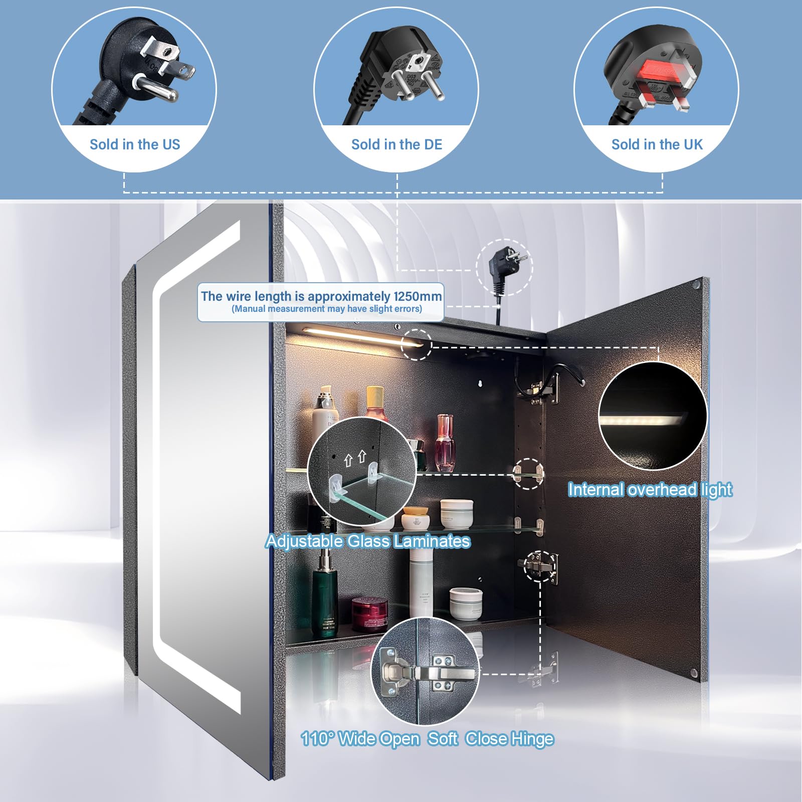 Specchio Bagno Contenitore con LED Luce e Presa Elettrica, 80x60 cm, Armadietto Specchio Bagno con Luce, Mensola Regolabile, 3 Temperature di Colore, Anti Appannamento, Dimmerabile