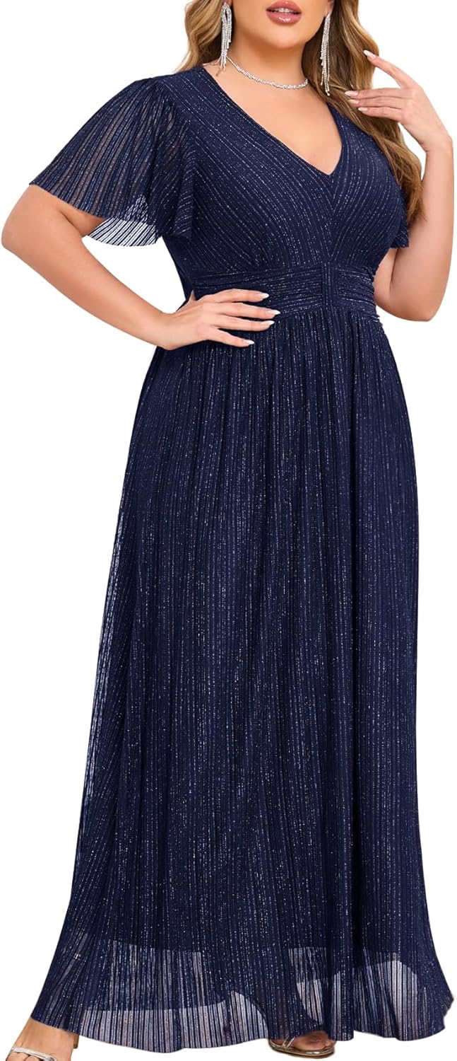 ZOMVA Plus Size Maxi Formal Dress Sparkly V-Neck A-line Ruffle Sleeves Evening Gown Cocktail Prom Lace
