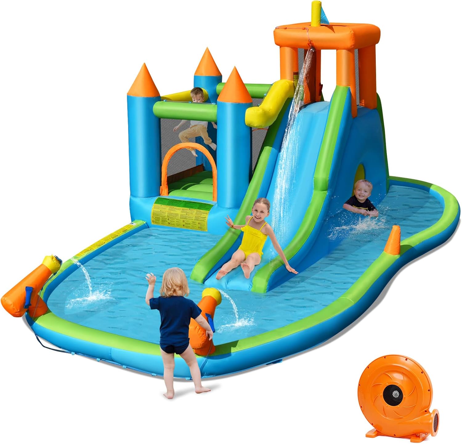 HONEY JOY Inflatable Water Slide, 8 in 1 Giant Jumping Water Bounce House Water Park w/Splash Pool, Crawling, Outdoor Blow up Water Slides Inflatables for Kids and Adults Backyard(with 735w Blower)