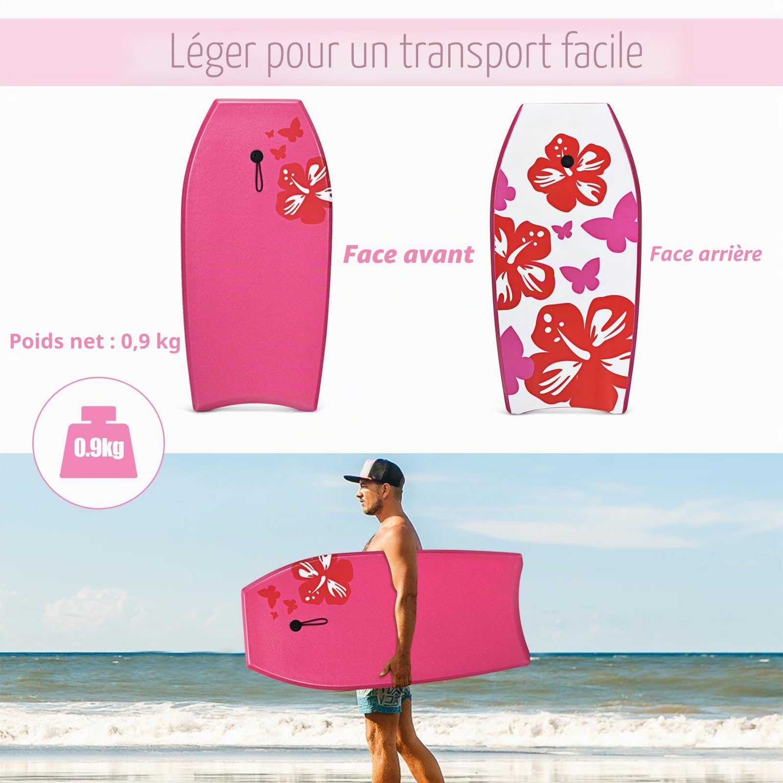 HOMASIS Planche de natation avec corde, planche de surf portable pour adultes et enfants à partir de 14 ans, 105 x 51 cm, rose rouge