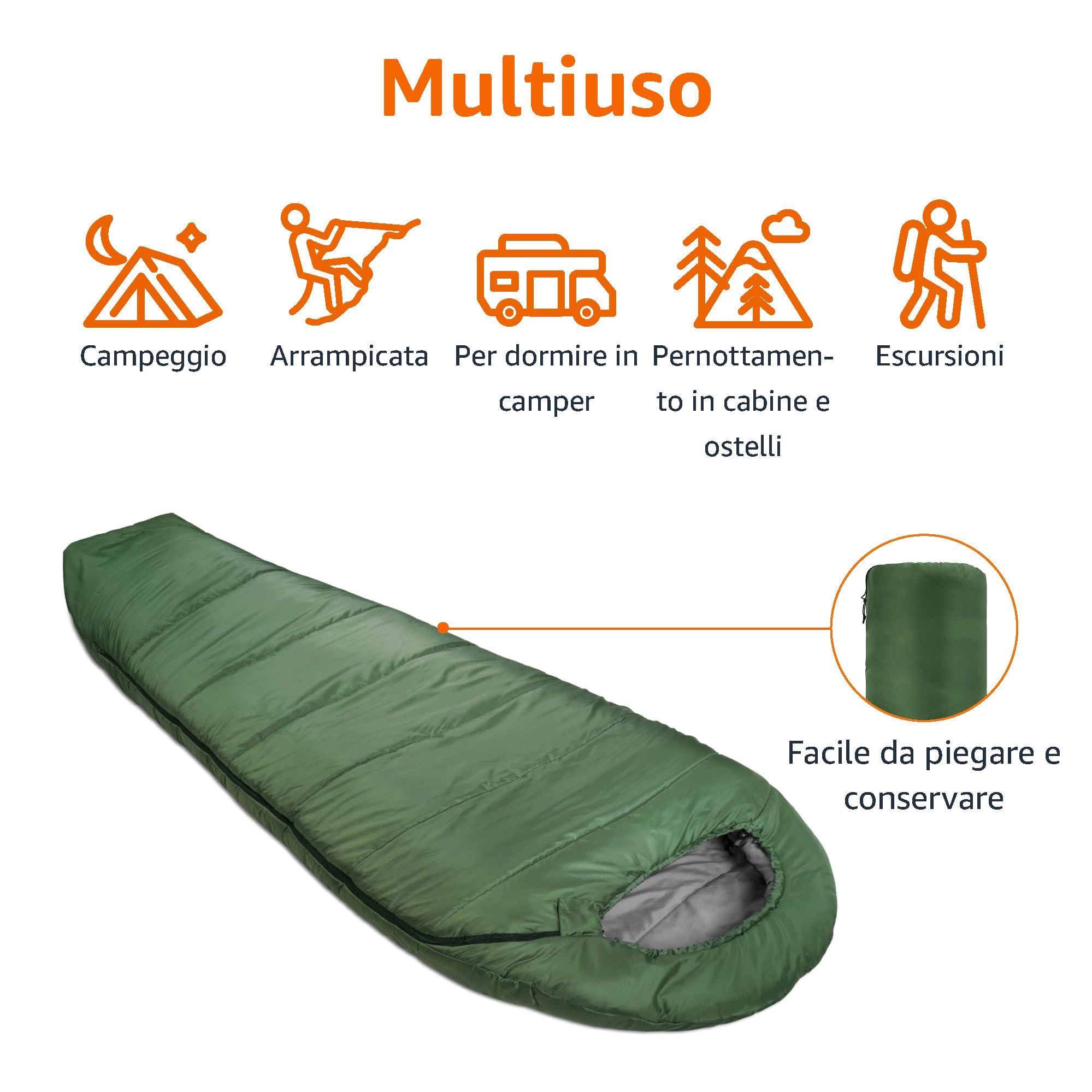 Amazon Basics Sacco a Pelo per Campeggio ed Escursioni con Clima Freddo, Leggero, a Mummia, Verde Oliva