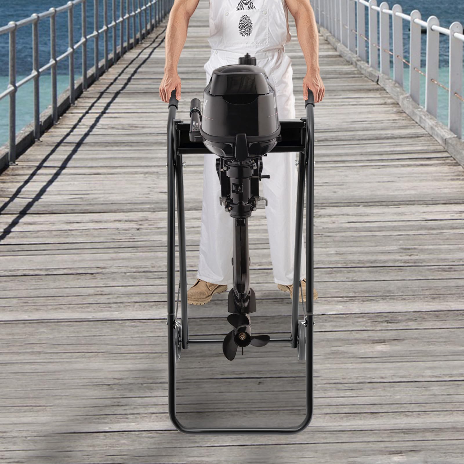 Carrello pieghevole per motore fuoribordo – 40 kg, supporto pieghevole con ruote in gomma e manico antiscivolo, motore per barca, in acciaio nero freddo, per stoccaggio e trasporto del motore