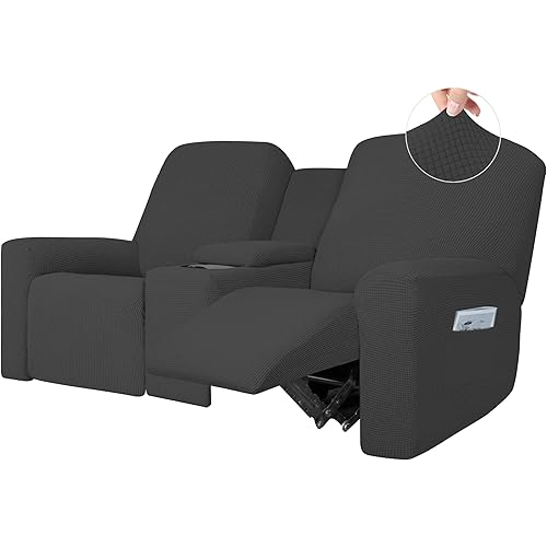 Easy-Going 1 Piece Stretch Reclining Loveseat with Middle Console Slipcover, 2 Seater Loveseat Recliner Cover with Holder and Storage, Recliner Couch Sofa Cover, Furniture Protector Dark Gray