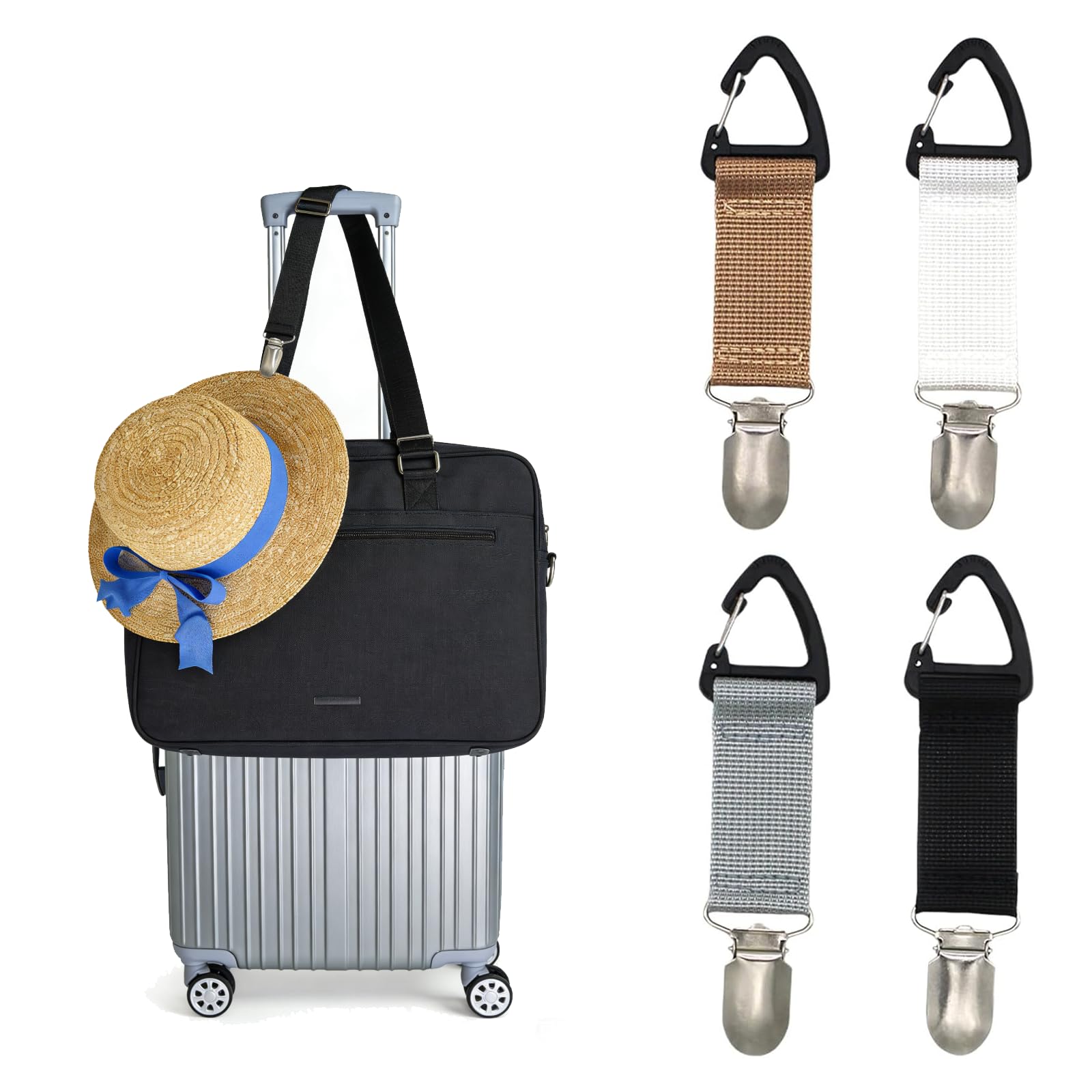 Sgethch Black 4 Pcs Hat Clips For Travel On Bag,Portable Hat Clip,Hands-Free Hats Holder Clips,Non-Elastic Strap With Clip,For Traveling Bags Backpacks Purses Luggage Outdoor Travel Accessories(4 Colors)