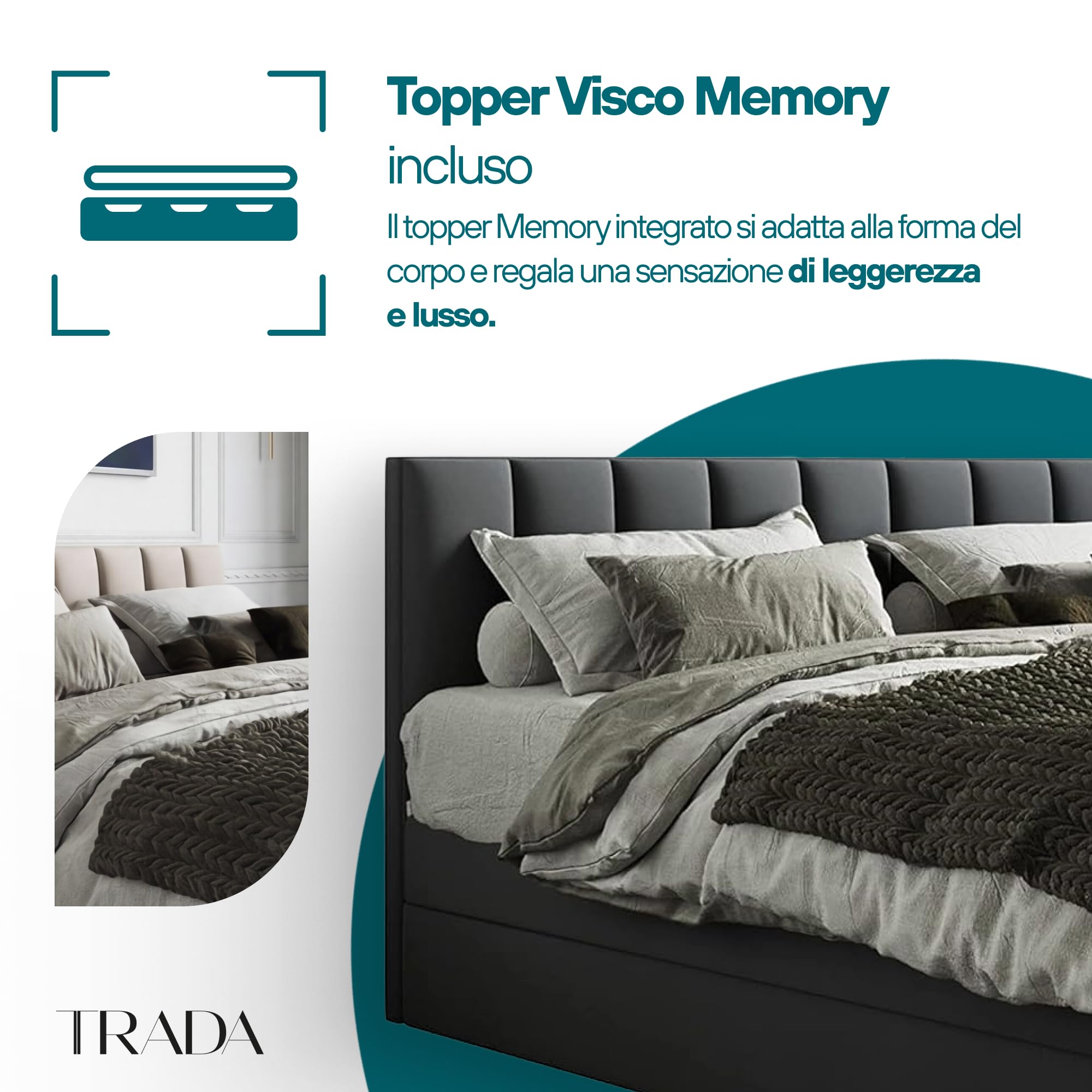 TRADA Letto Contenitore Matrimoniale con Contenitori e Materasso - Letto GUSTO con Topper In Memory Visco - Beige - 160 x 200 cm
