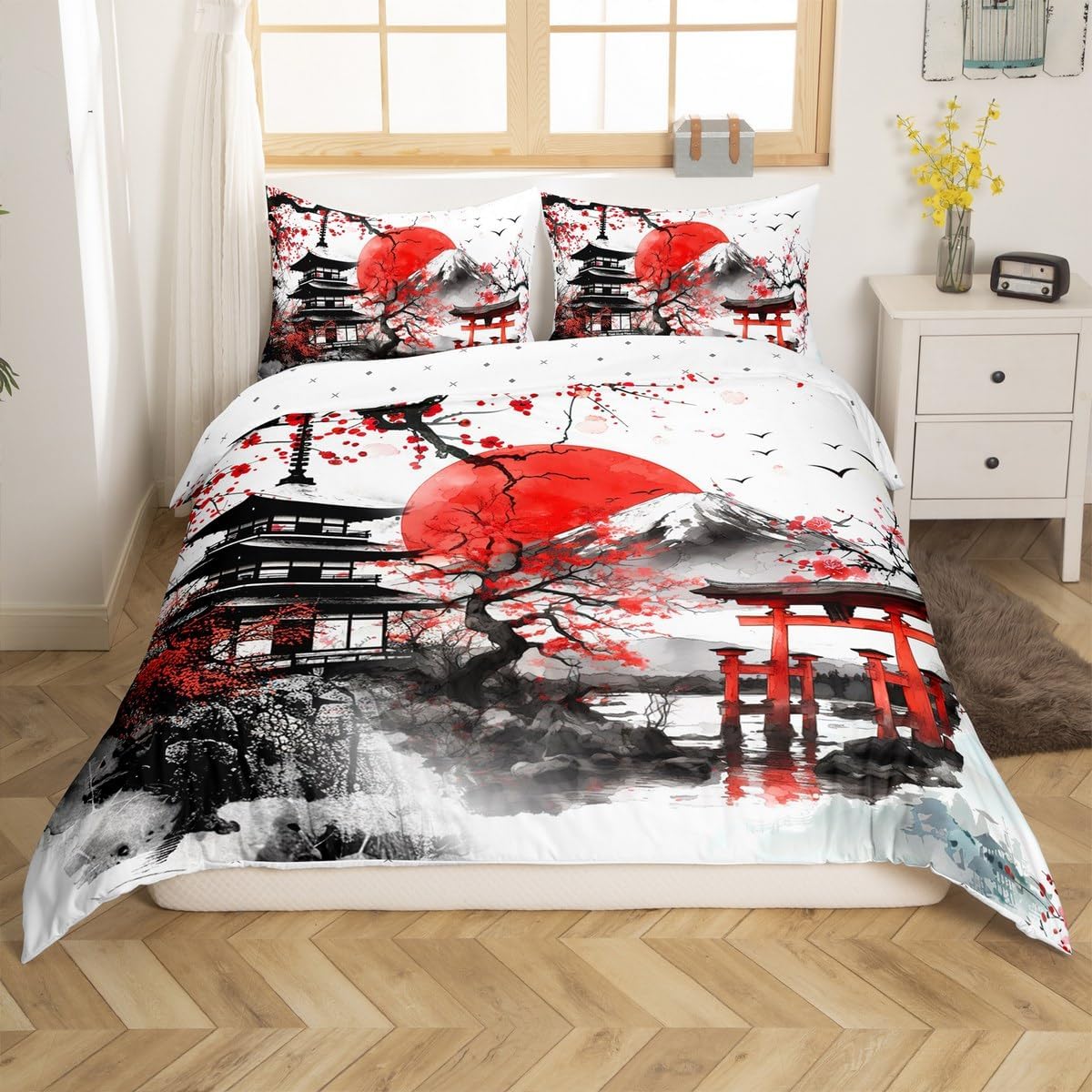 jejeloiu Japanese-Style Comforter Cover Toddler Kids Cherry Blossoms Building Bedding Set for Boys Girls Sunset Fuji Mountain Decor Spring Sakura Flower Duvet Cover Room Decor (No Comforter)