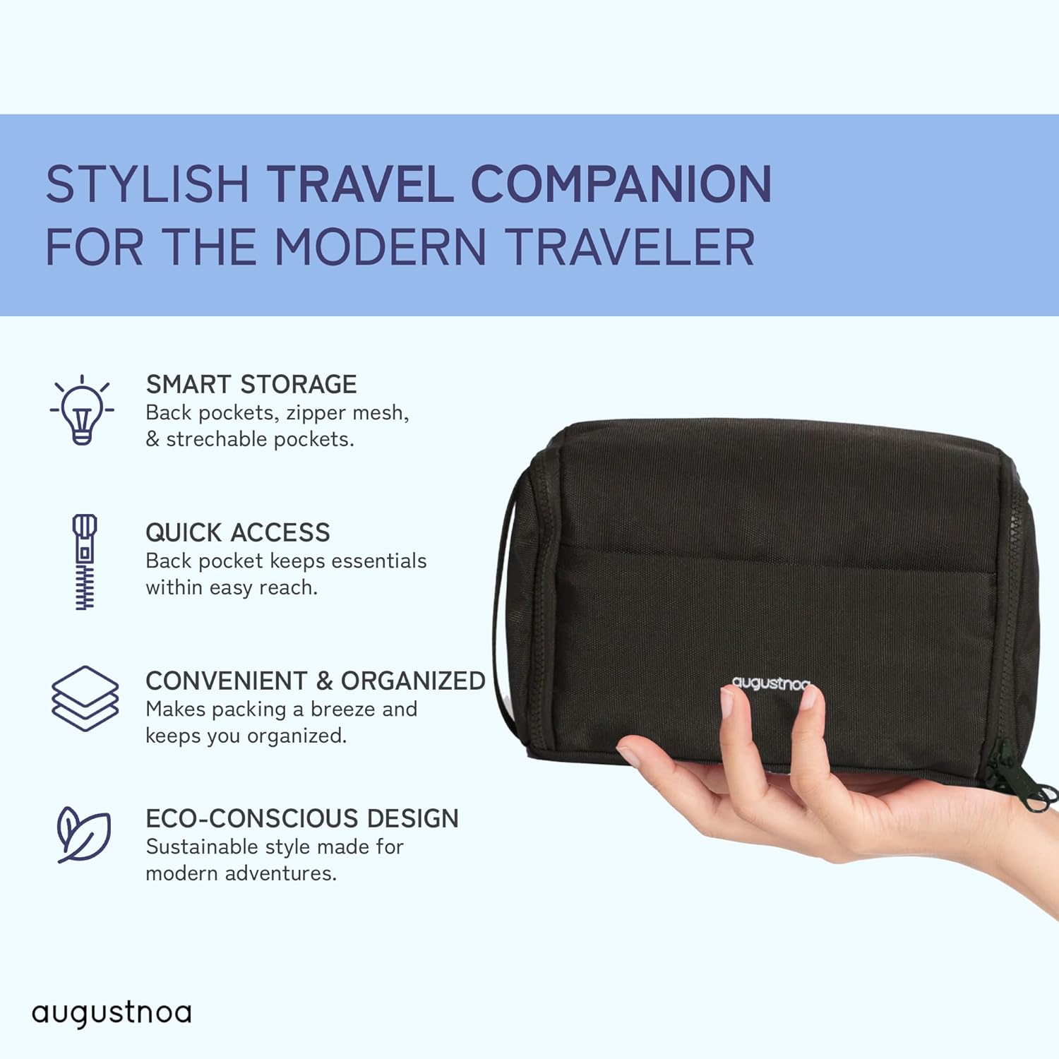 augustnoa Dopp Kit for Men | Travel Toiletry Bag with 11 Pockets & Expandable Side Compartments | Water-Resistant, Eco-Friendly Recycled Material | Compact, Lightweight & Perfect for Travel Essentials