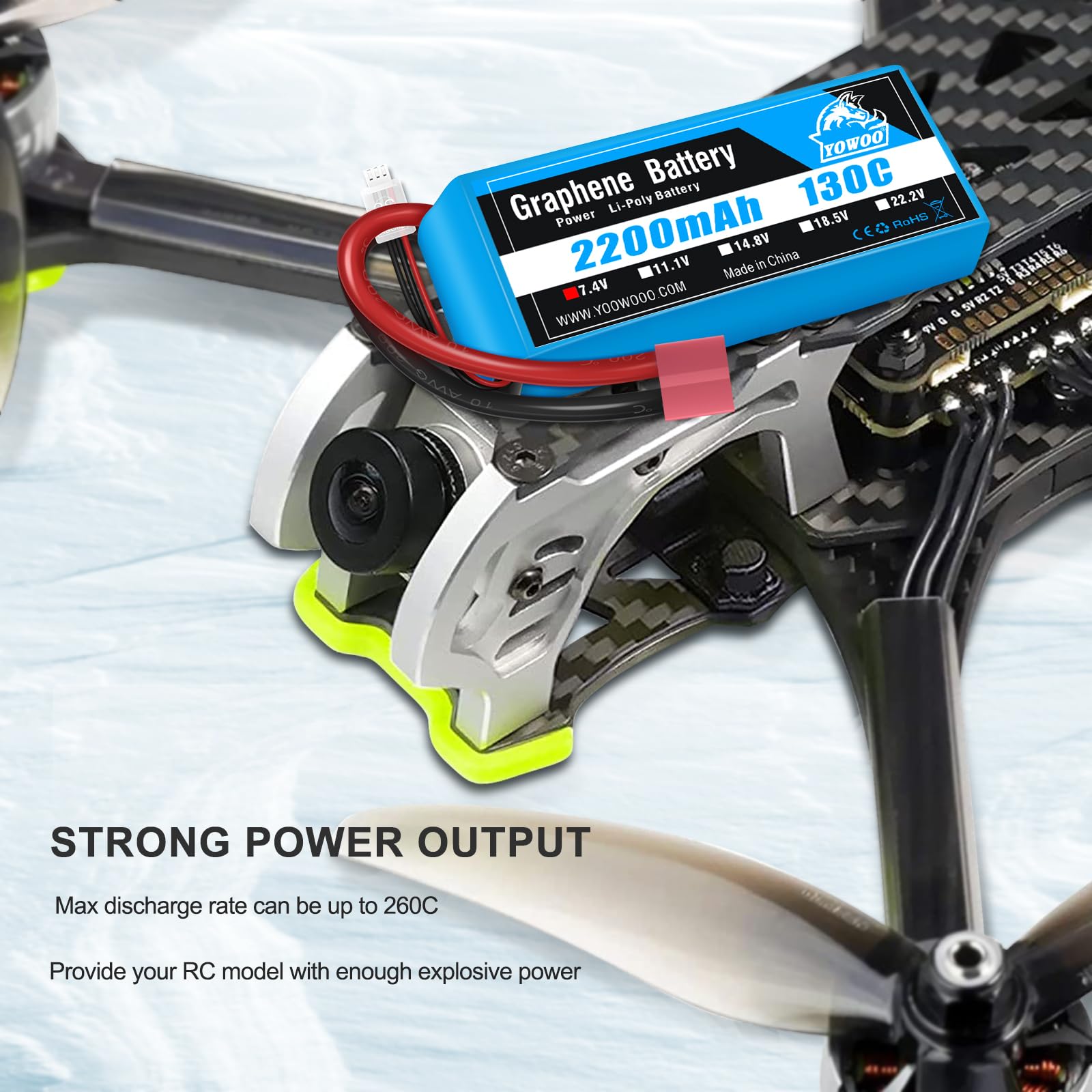Yowoo - Confezione da 2 batterie Lipo 2S 7,4 V 2200 mAh 130C con spina Deans T ad alte prestazioni grafene Lipo per Traxxas 1 16 E Revo VXL Slash Summit Losi Mini 8ight e altre auto RC