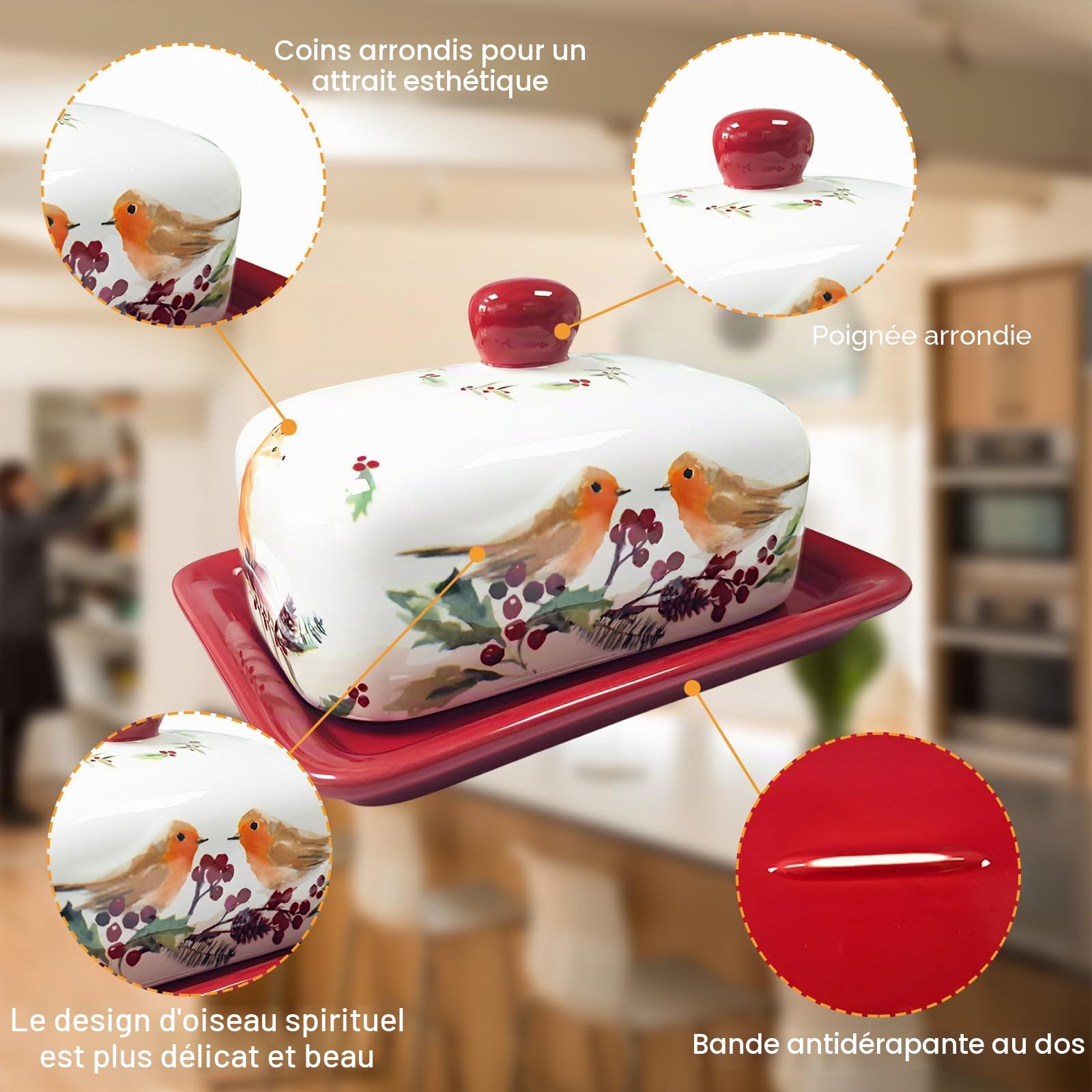 Beurrier en céramique - Porcelaine de qualité - Poignée rouge - Motif d'oiseau coloré - Paroi épaisse - Passe au lave-vaisselle (rouge, 3)