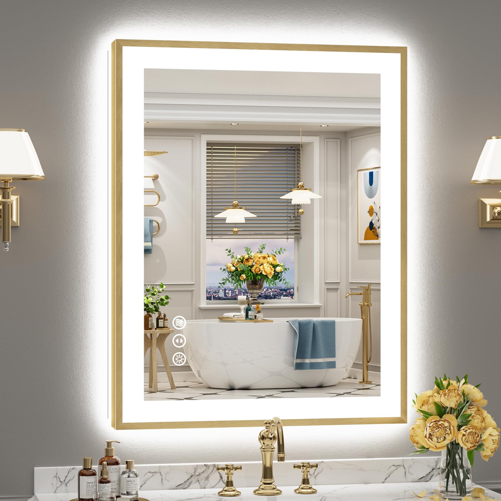 28x36 Gold LED Bathroom Mirror with Lights, Lighted Vanity Mirror